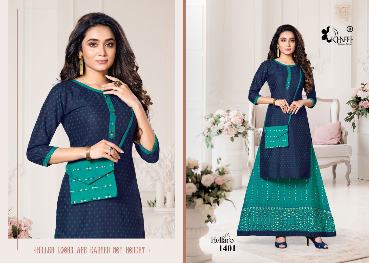 Kinti Hellaro 14 Ethnic Wear Rayon Printed Designer Fancy Kurti With Skirt Collection